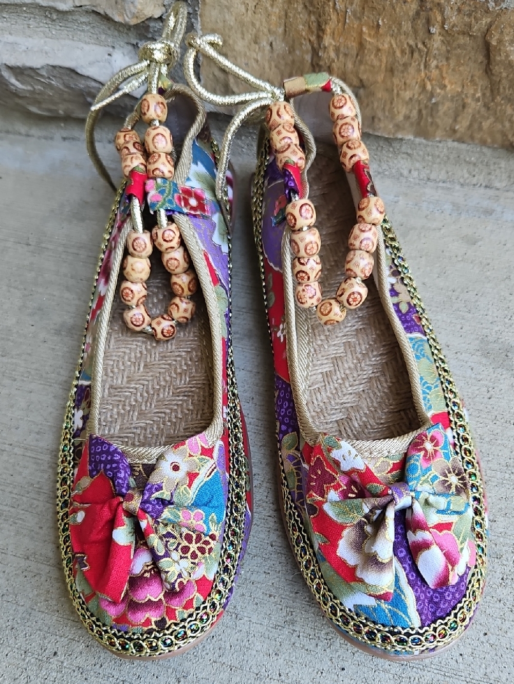 Boho Women’s Embroidered Floral Flats And Beaded Ankle Slip-on 42 (10-10.5)